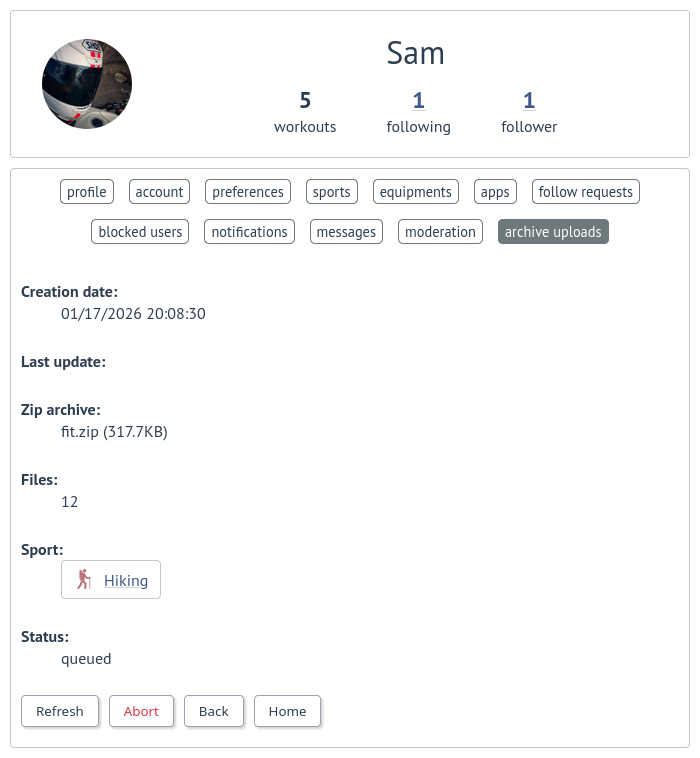 Archive uploads detail on FitTrackee