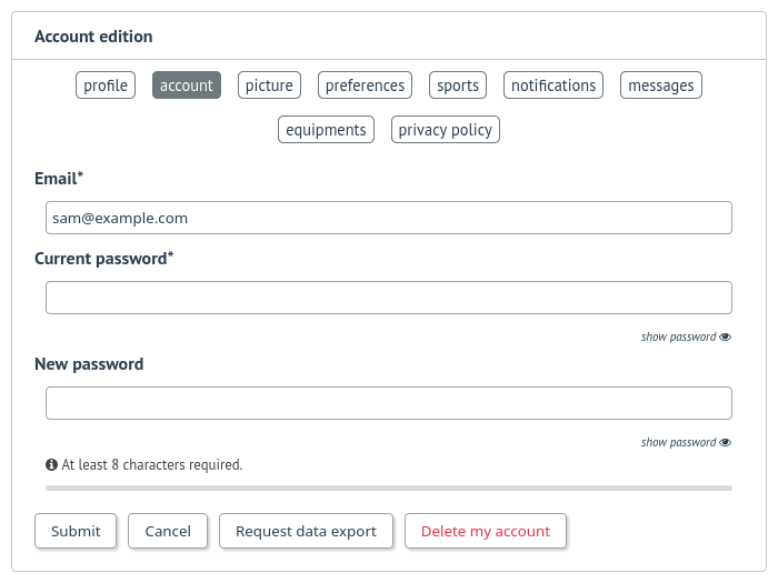 User account edition on FitTrackee