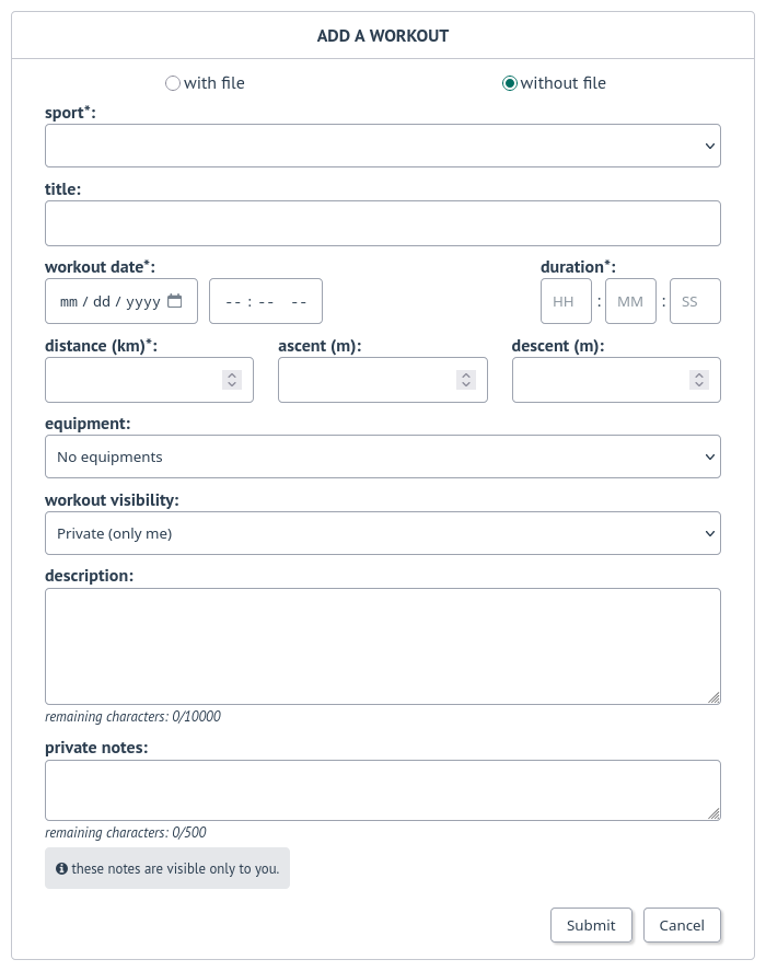 Form for workout creation without a file