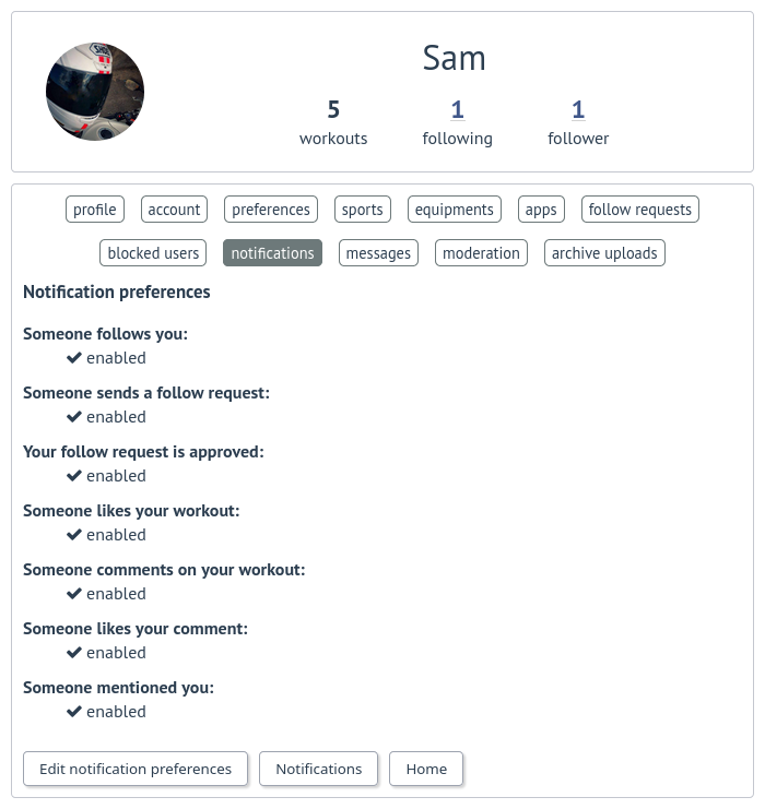 Préférences des notifications sur FitTrackee