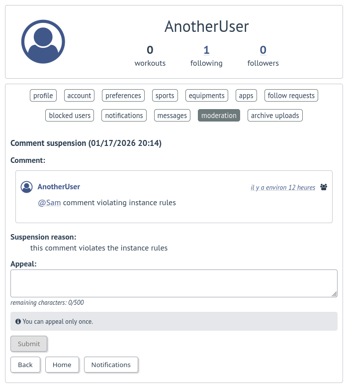 Détail d'une sanction sur FitTrackee