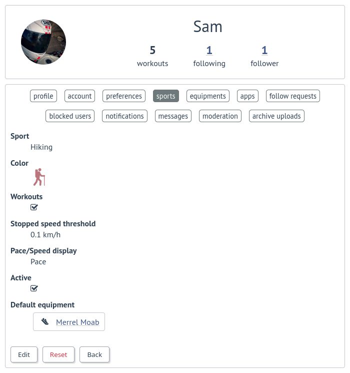 Préférences du sport sur FitTrackee