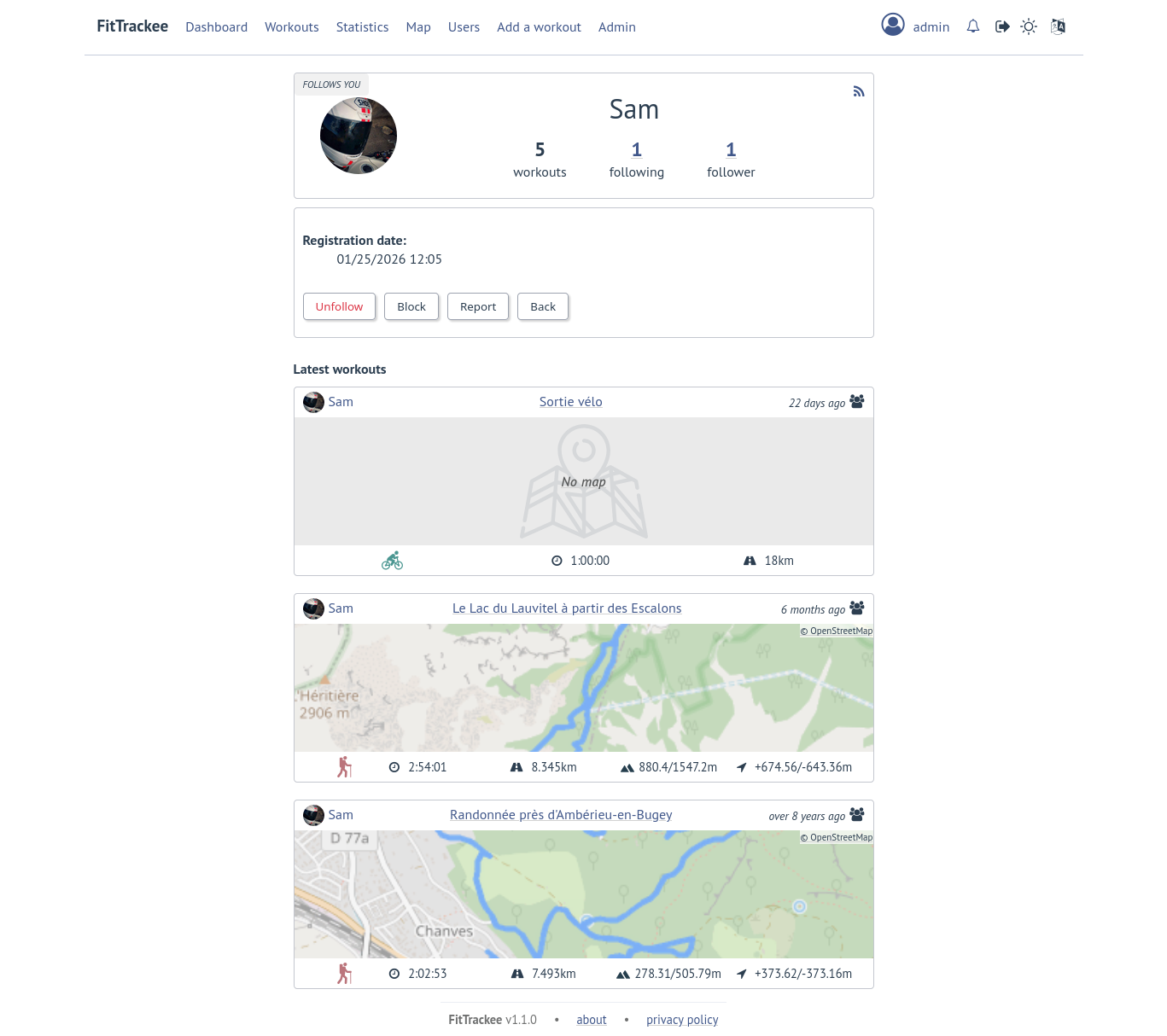 Profile de l'utilisateur sur FitTrackee
