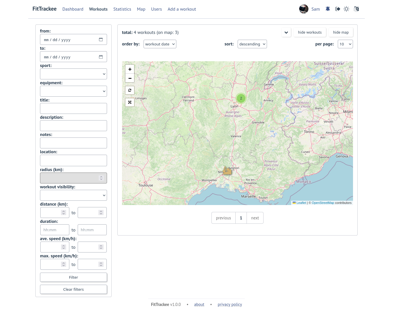 carte des séances sur FitTrackee